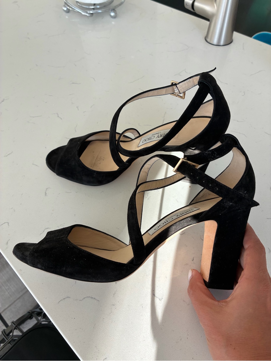 Jimmy Choo Black Suede Crisscross Block Heel Sandals